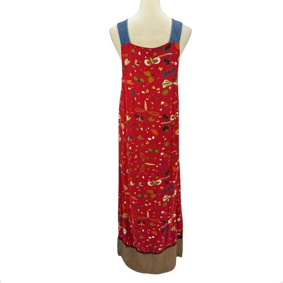 Vtg F. L. Malik Red Crepe Butterfly Dragonfly Novelty Print Maxi Jumper Dress - Picture 3 of 11
